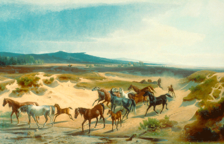 Senner Pferde des Fürstlichen Gestüts in Lopshorn. Ölgemälde von Carl Rötteken und Gustav Quentell um 1850 (Lippisches Landesmuseum)